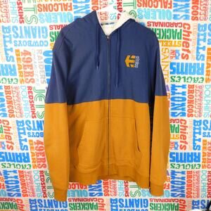 Etnies Shifty Sherpa Hoodie Size L Full Zip Blue Yellow Embroidered Logo Heavy